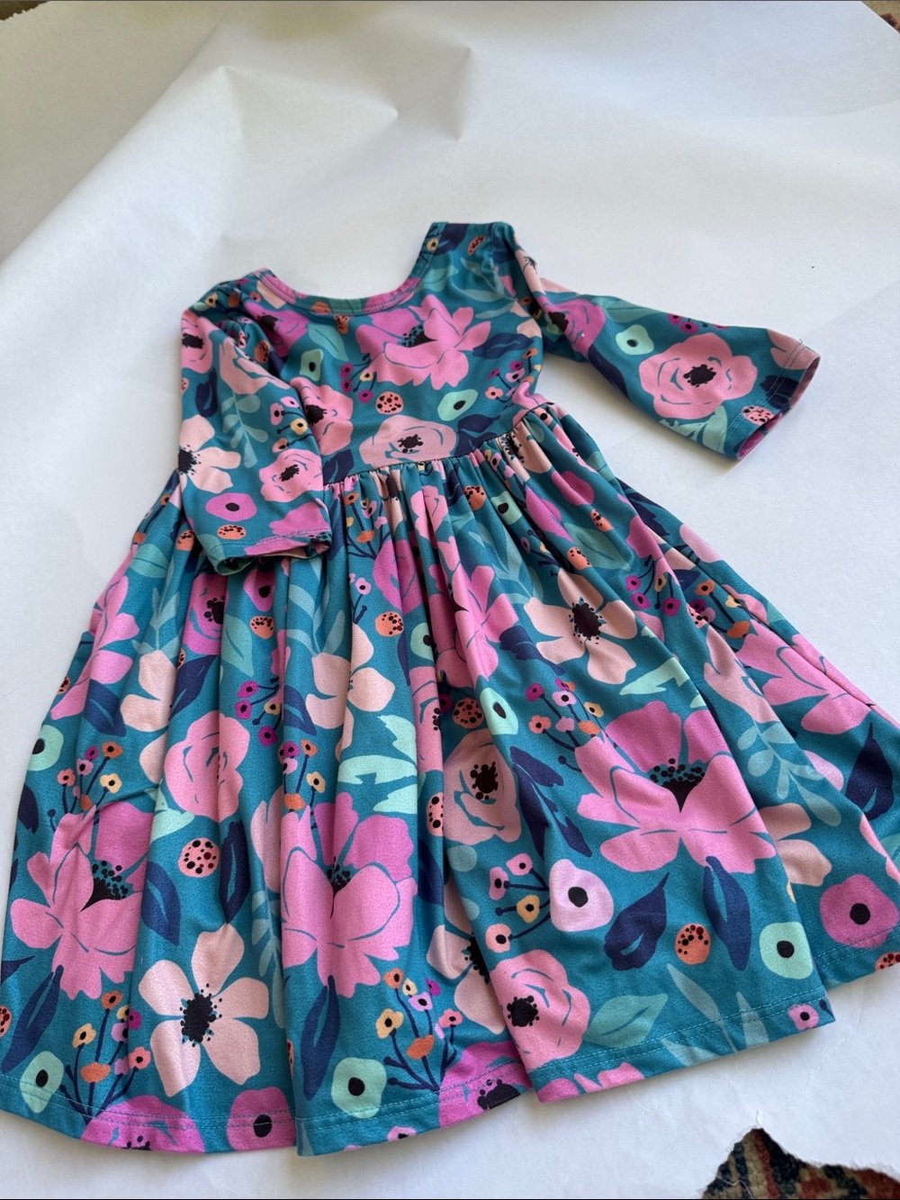 Girls Floral Twirl Dress in Teal and Pink - Brand Unspecified
